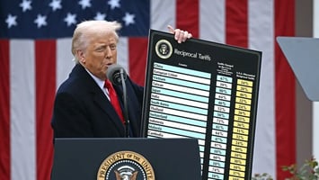 President Trump holding up a chart containing various country tariff rates.
